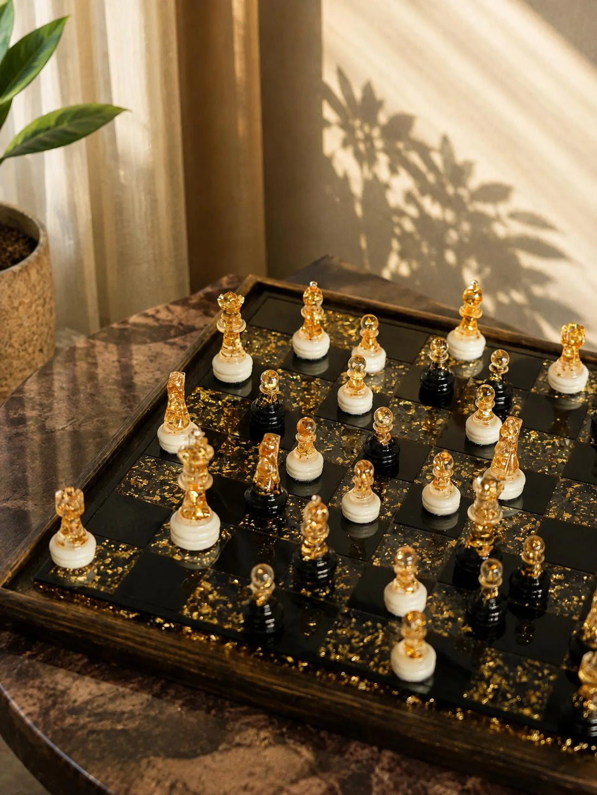 Handmade Epoxy Resin Chess Set with Real Gold Leaf and Elegant Natural Wood Frame Design