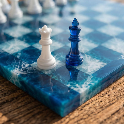 Luxury Blue Ocean Resin Chess Set Handmade Epoxy Wave Chess Board with Elegant Pieces Design