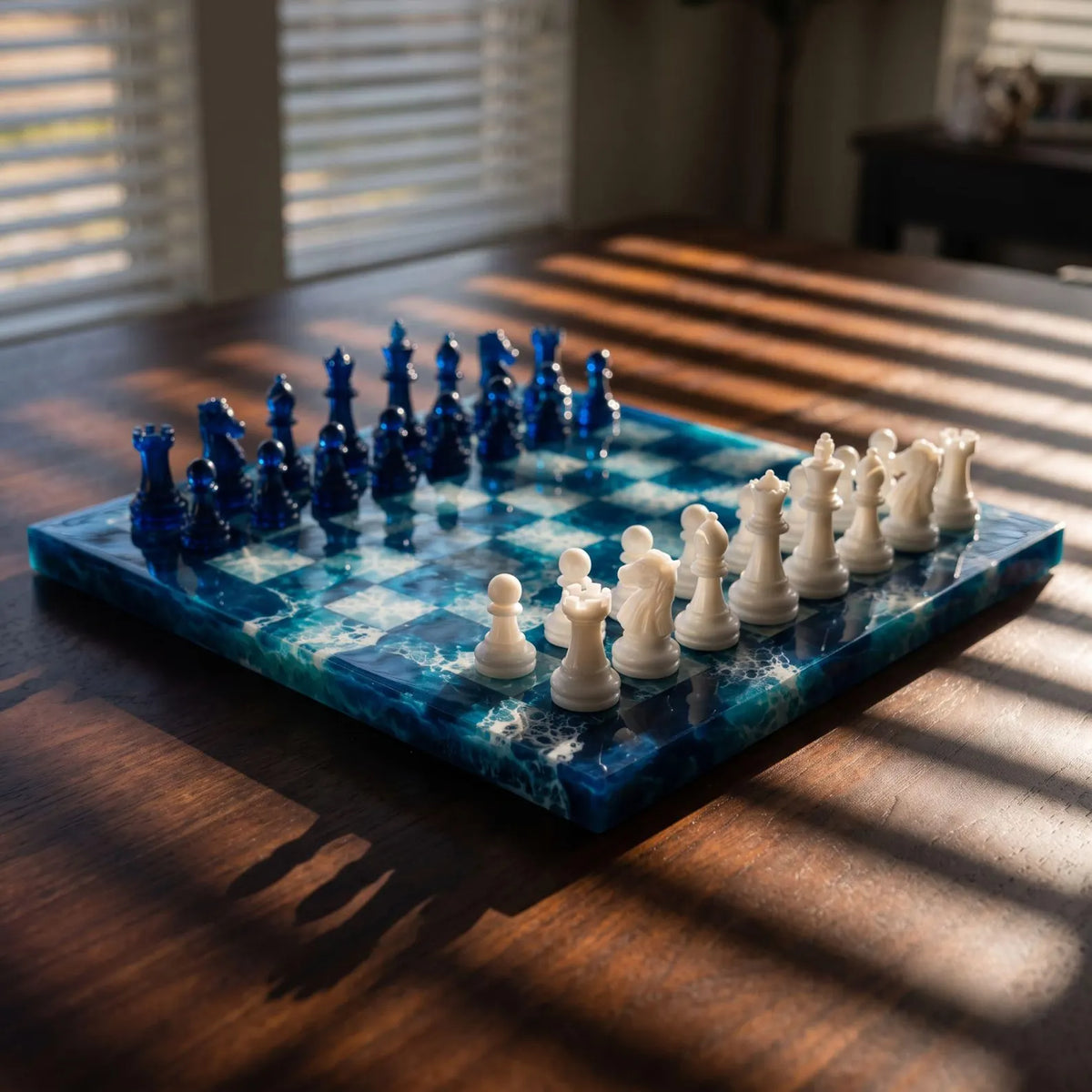 Luxury Blue Ocean Resin Chess Set Handmade Epoxy Wave Chess Board with Elegant Pieces Design