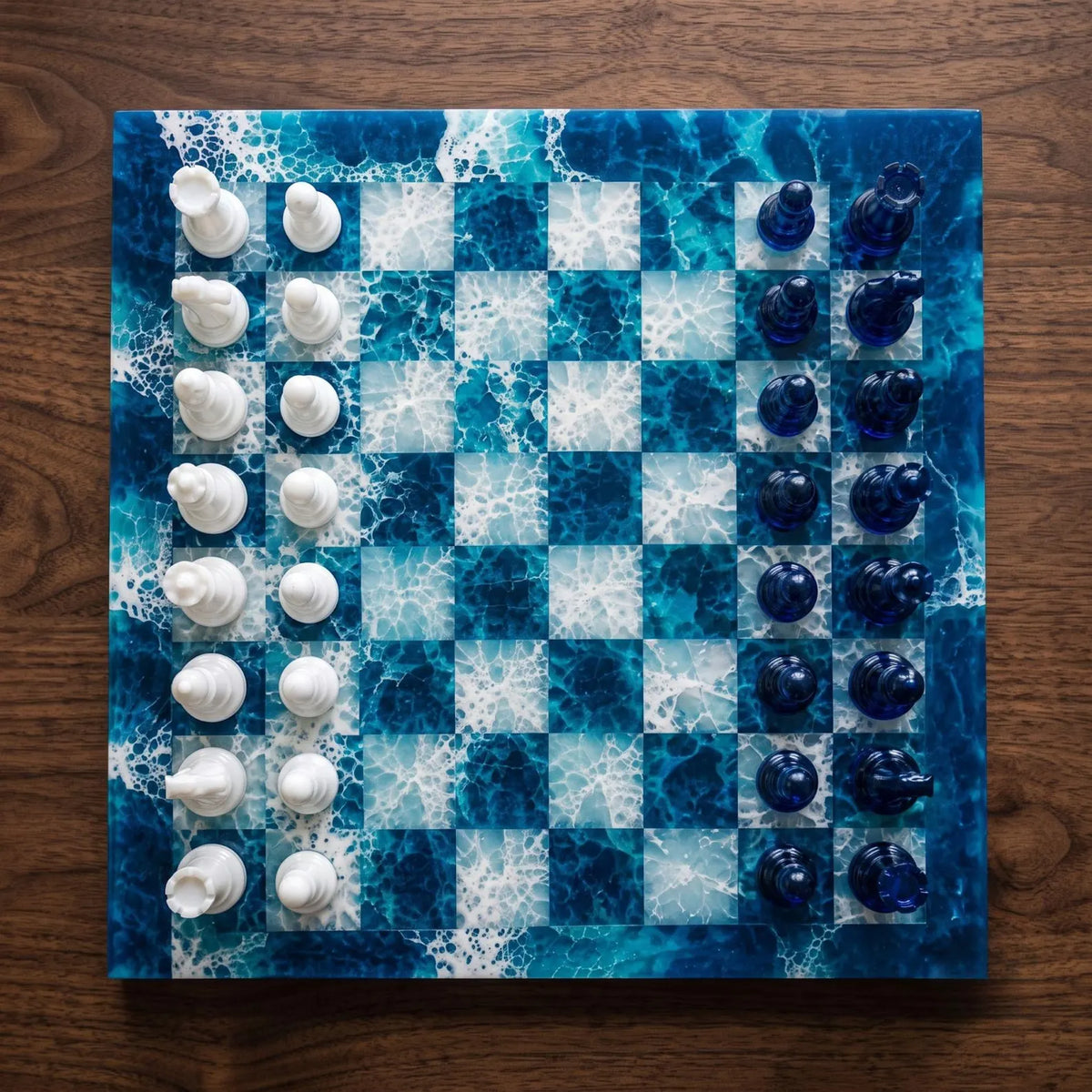 Luxury Blue Ocean Resin Chess Set Handmade Epoxy Wave Chess Board with Elegant Pieces Design