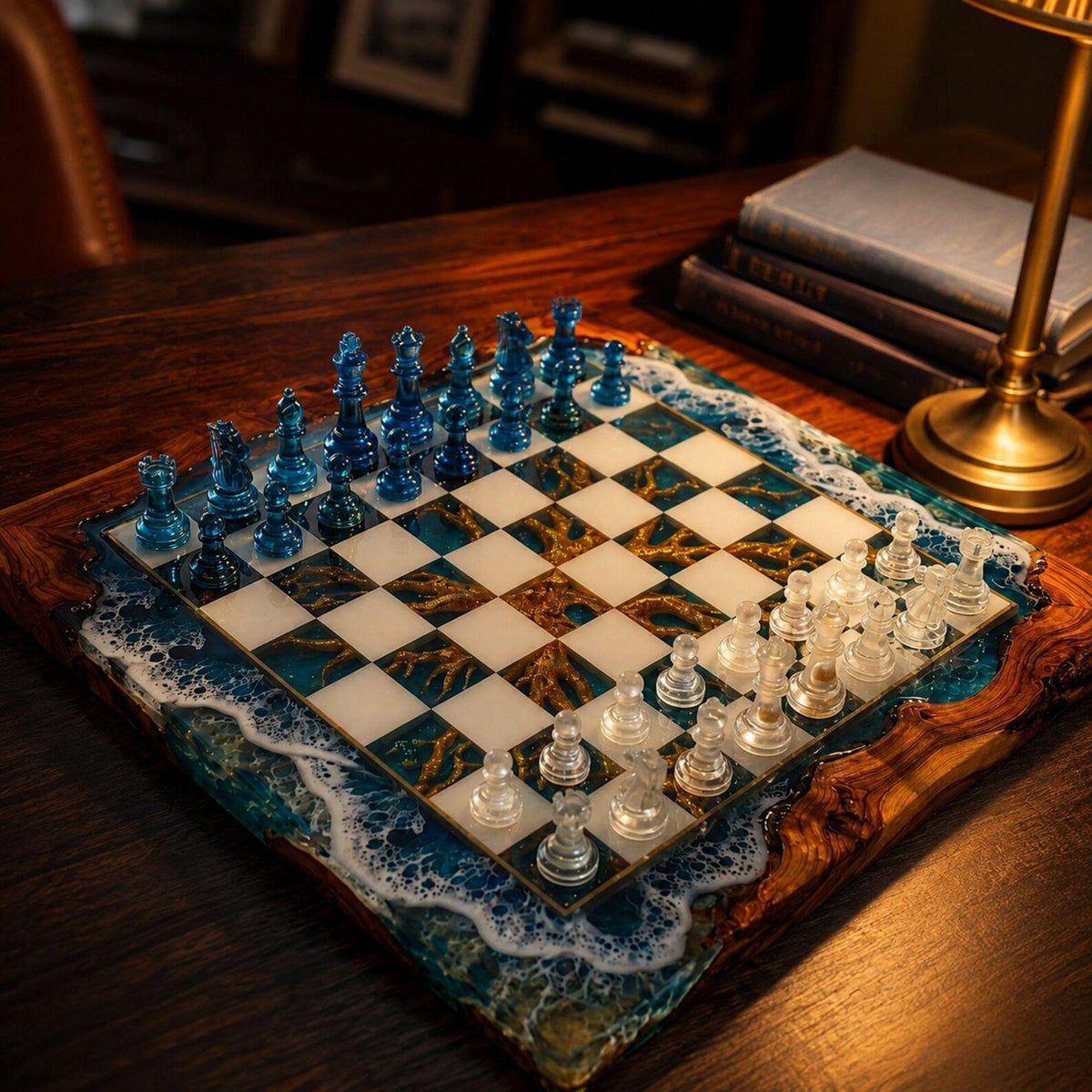 Luxury Ocean Wave Resin Chess Set Handmade Wood Epoxy Coastal Board Elegant Chess Design