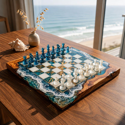 Luxury Ocean Wave Resin Chess Set Handmade Wood Epoxy Coastal Board Elegant Chess Design