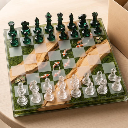 Handmade Koi Pond Resin Chess Set with Moss Wood and Nature Inspired Artistic Board