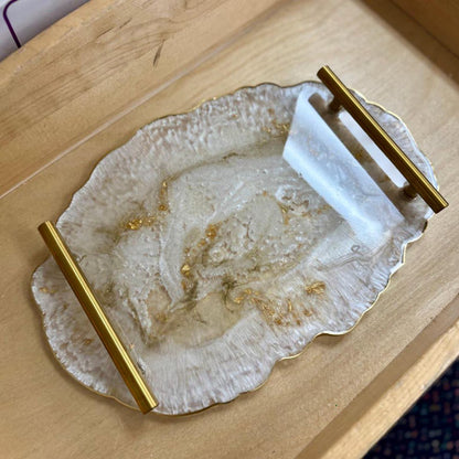 Pearl Geode Resin Tray, Gold Accent Serving Tray with Four Handmade Coaster Set Decor