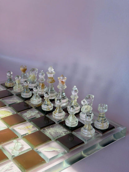 Custom Handmade Resin Chess Set with Dried Flowers and Elegant Modern Botanical Board Design