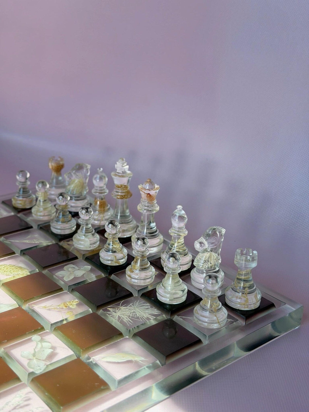 Custom Handmade Resin Chess Set with Dried Flowers and Elegant Modern Botanical Board Design