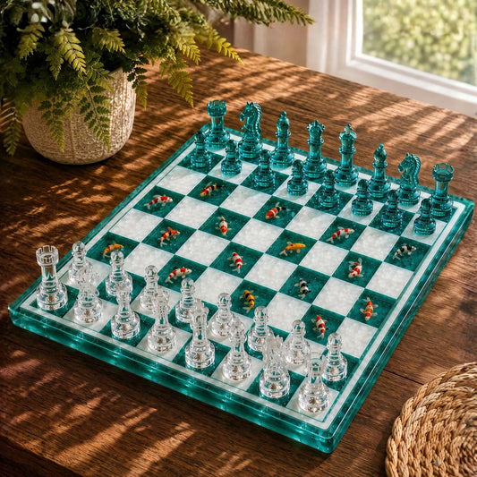 Koi Pond Wood Resin Chess Set with Turquoise and White Pieces, Handmade Artistic Board Design