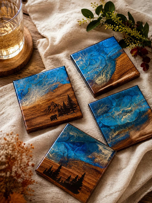 Mountain Resin Wood Coaster Set, Bear Pine Tree Design, Rustic Cabin Home Decor, Lake House