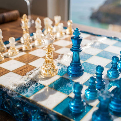 Luxury Ocean Resin Chess Set with Handcrafted Wood and Epoxy Coastal Game Board Design