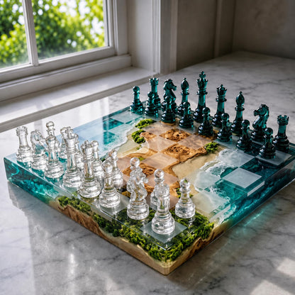 Ocean Resin Chess Set with Natural Wood, Moss and Handmade Teal Epoxy Board Design