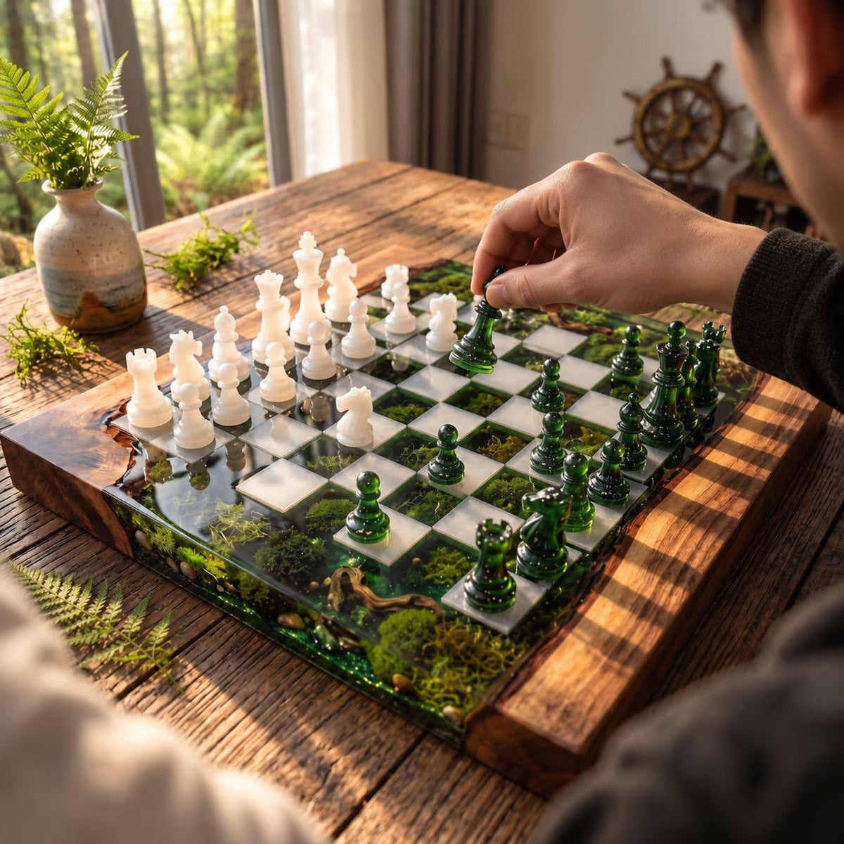 Luxury Green Moss and Wood Resin Chess Set with Handcrafted Emerald Epoxy Game Board