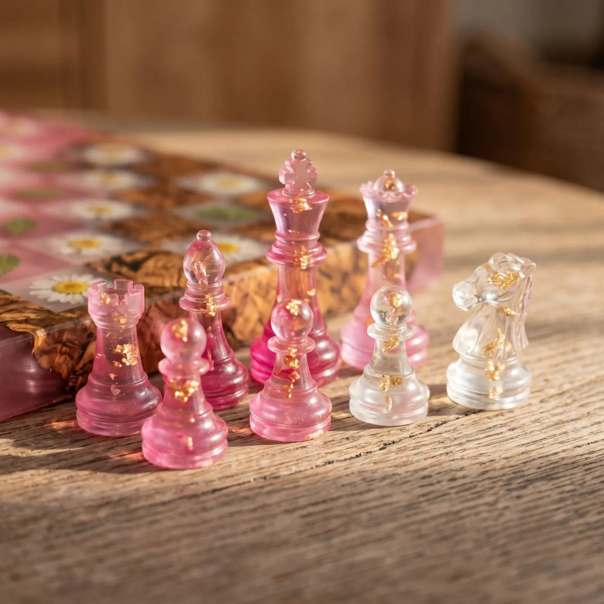 Luxury Pressed Flower Resin Chess Set with Pink Epoxy Wood Board and 32 Handmade Pieces