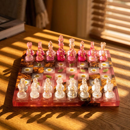 Luxury Pressed Flower Resin Chess Set with Pink Epoxy Wood Board and 32 Handmade Pieces
