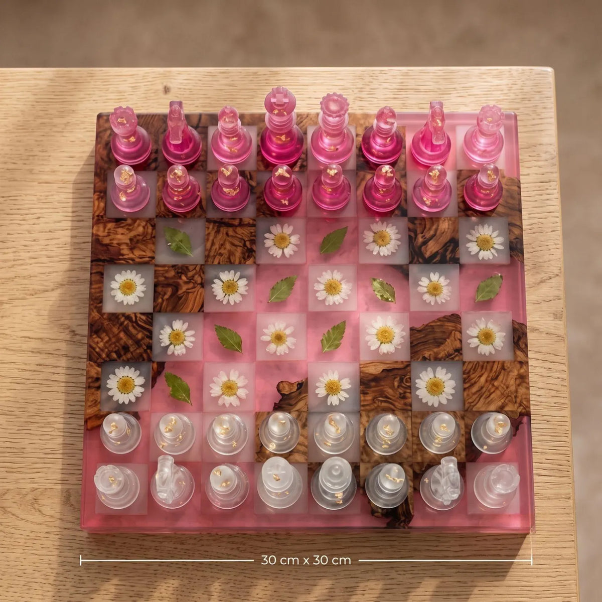Luxury Pressed Flower Resin Chess Set with Pink Epoxy Wood Board and 32 Handmade Pieces