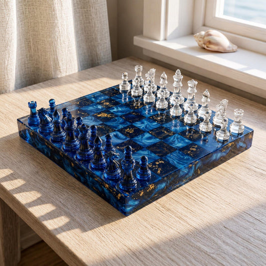 Luxury Blue Resin Chess Set with Handmade Epoxy Board and Elegant Gold Flake Chess Pieces