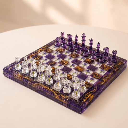 Handmade Purple Resin Chess Set with Floral Epoxy Board and Elegant Artistic Chess Pieces