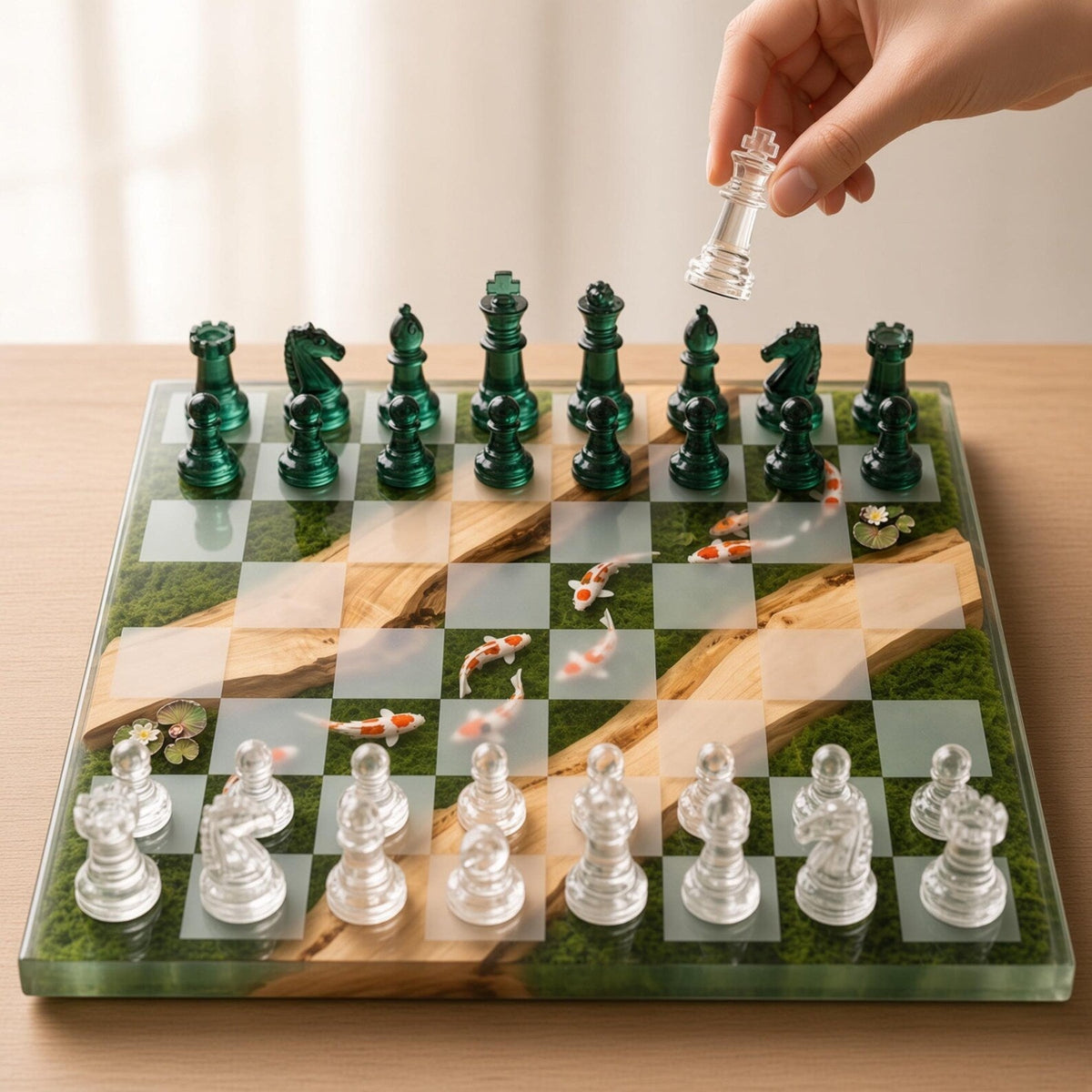 Handmade Koi Pond Resin Chess Set with Moss Wood and Nature Inspired Artistic Board