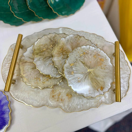 Pearl Geode Resin Tray, Gold Accent Serving Tray with Four Handmade Coaster Set Decor