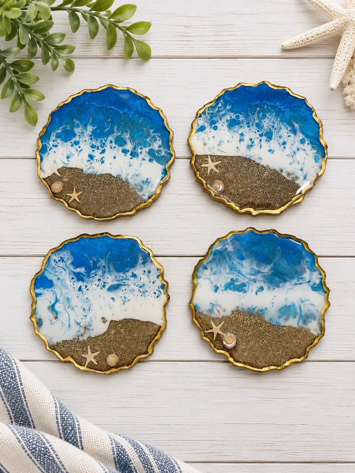 Handmade Ocean Geode Resin Coasters Set of 4, Beach Inspired Coastal Home Decor Accent
