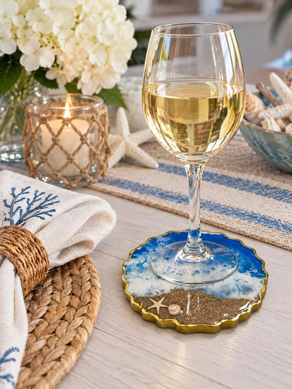 Handmade Ocean Geode Resin Coasters Set of 4, Beach Inspired Coastal Home Decor Accent
