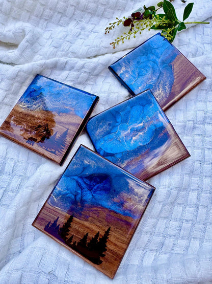 Mountain Resin Wood Coaster Set, Bear Pine Tree Design, Rustic Cabin Home Decor, Lake House