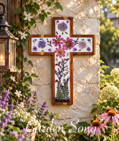 God’s Grace Pressed Flower Resin Cross, Handmade Wooden Christian Wall Decor, Traditional Latin Cross Decoration