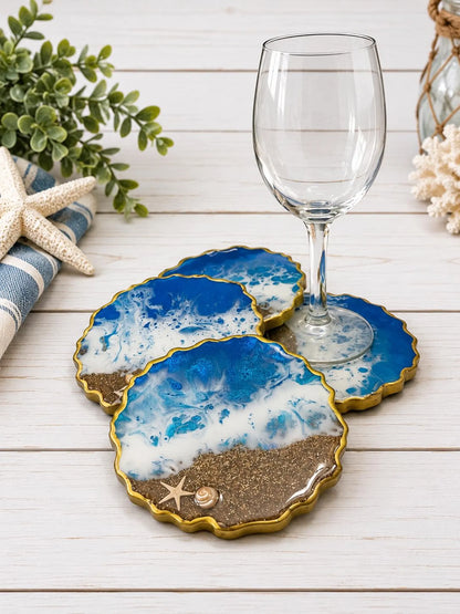 Handmade Ocean Geode Resin Coasters Set of 4, Beach Inspired Coastal Home Decor Accent