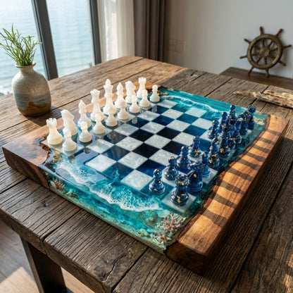 Ocean Resin Chess Set – Handmade Epoxy Chess Board with 32 Pieces