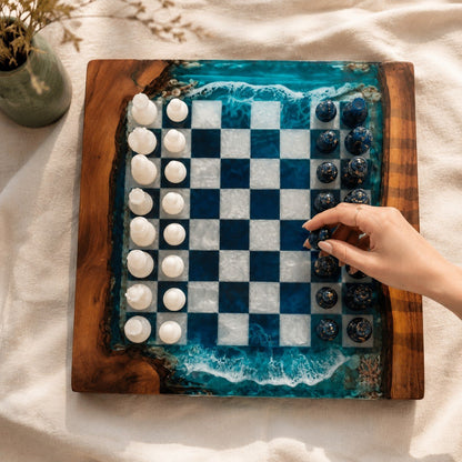 Ocean Resin Chess Set – Handmade Epoxy Chess Board with 32 Pieces
