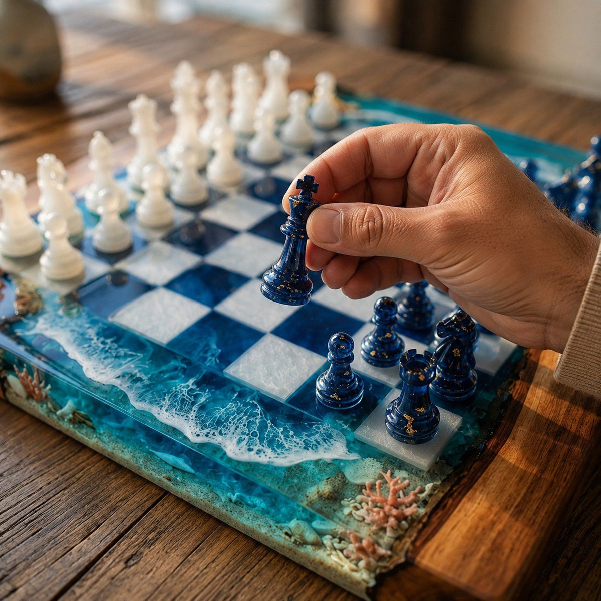 Ocean Resin Chess Set – Handmade Epoxy Chess Board with 32 Pieces