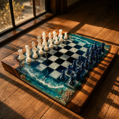 Ocean Resin Chess Set – Handmade Epoxy Chess Board with 32 Pieces