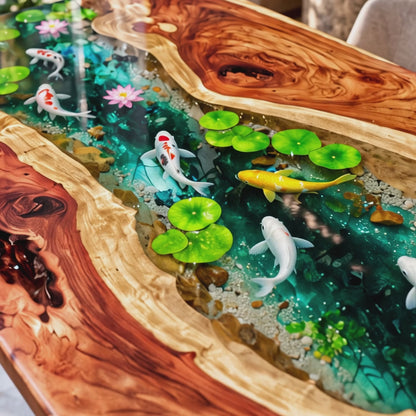 Handmade Koi Fish Epoxy Resin River Dining Table, Luxury Natural Wood Furniture