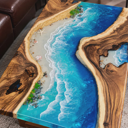 Handmade Luxury Ocean Epoxy Resin, Crystal Clear Beach Scene, Handmade Statement Furniture
