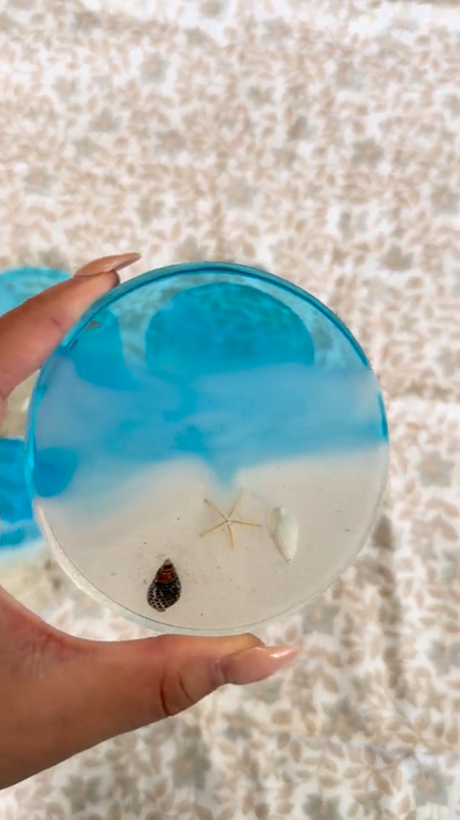 Ocean Resin Coaster, Square Round Seashell Design, Handmade Coastal Table Decor, Beach Inspired Home