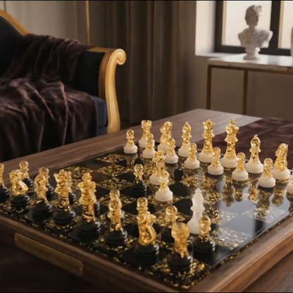 Luxury Handmade Epoxy Resin Chess Set with Gold Leaf Artistic Board and Collector Design