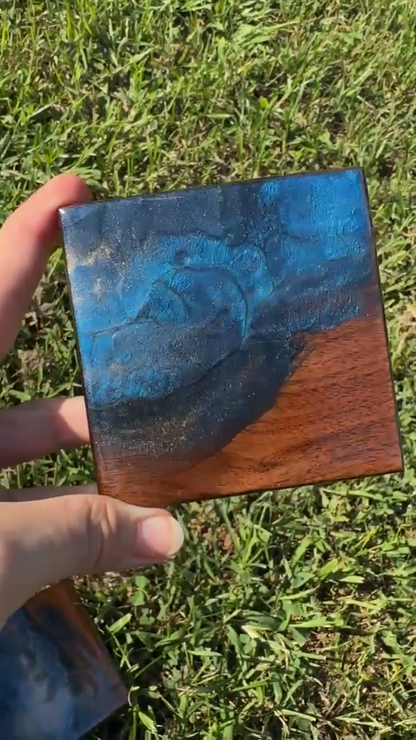 Mountain Resin Wood Coaster Set, Bear Pine Tree Design, Rustic Cabin Home Decor, Lake House